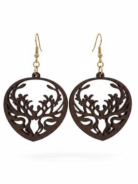 Wooden Deer Cutout Dangle Earrings - Brown